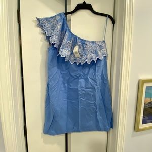 NWT Mud Pie Blue & White Embroidered One-Shoulder Ruffle Dress Sz Large L
